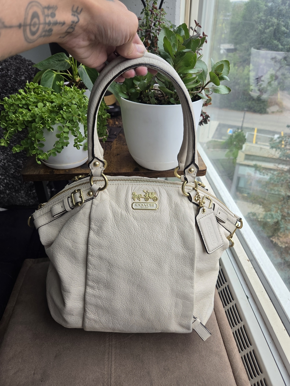 Coach Pebbled Leather Satchel Handbag in Light Beige